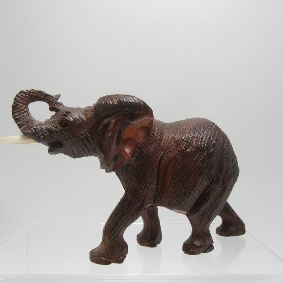 Vintage raised trunk resin elephant with tusks - brown textured faux wood - 3" - Picture 7 of 11